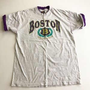 VTG Boston Massachusetts T Shirt Grey w Plaid Print Purple Roll Sleeves Sz XL